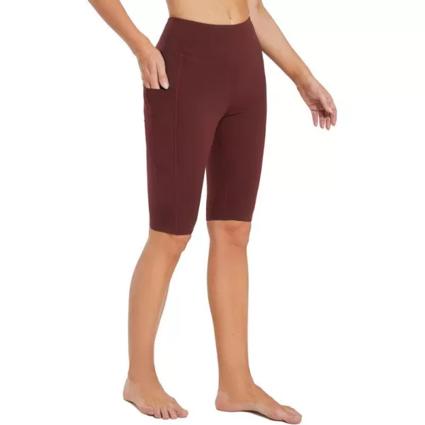 BALEAF Womens Long Biker Yoga Compression Shorts High Waist Knee Length Spandex Workout Shorts with Pockets Soft12 inches inseam Wine Red