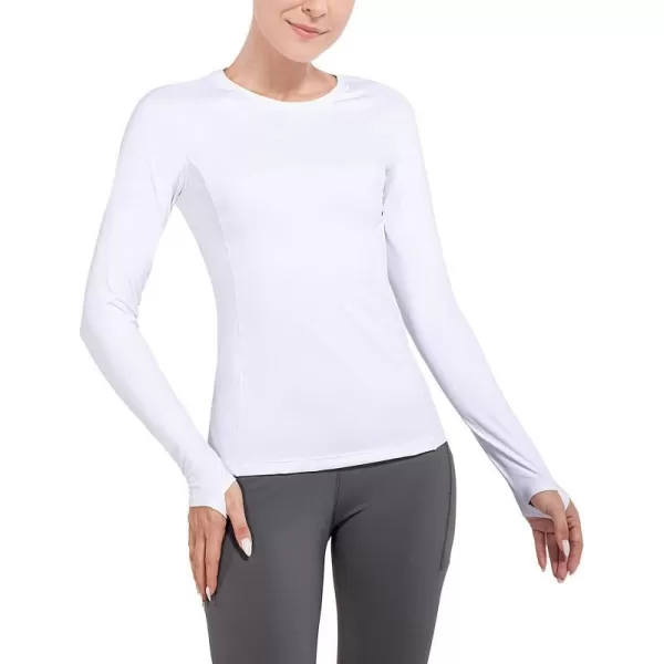 BALEAF Womens Long Sleeve Workout Shirts Fitted Yoga Tops Running Athletic Underscrub with Thumb HolesWhite