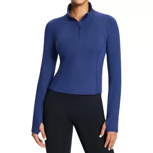 BALEAF Womens Long Sleeve Workout Tops Crop Top Athletic Quarter Zip Sweatshirt Pullover for Running ShirtsDark Blue