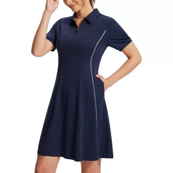 BALEAF Womens Lyocell Golf Dress Short Sleeve Polo Shirts Dress Golf Apparel Knee Length Pockets Quarter Zip UPF 50Navy Blue