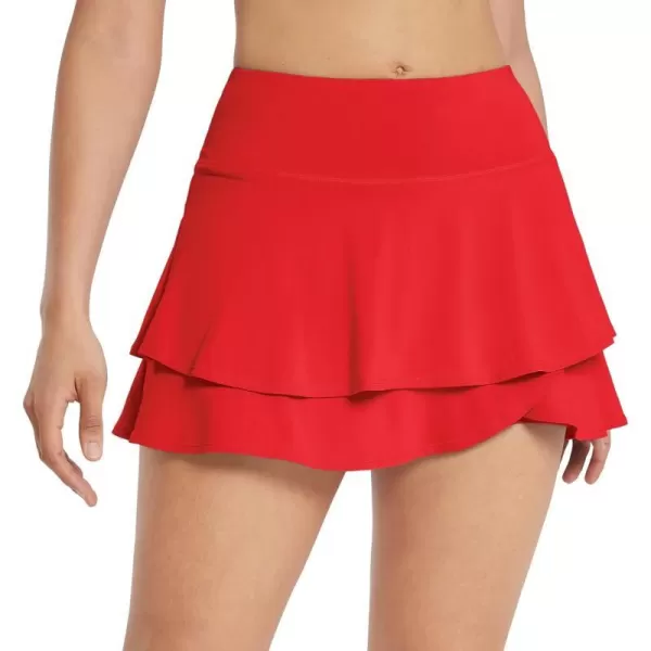 BALEAF Womens Pleated Tennis Skirts Layered Ruffle Mini Skirts with Shorts for Running WorkoutRed