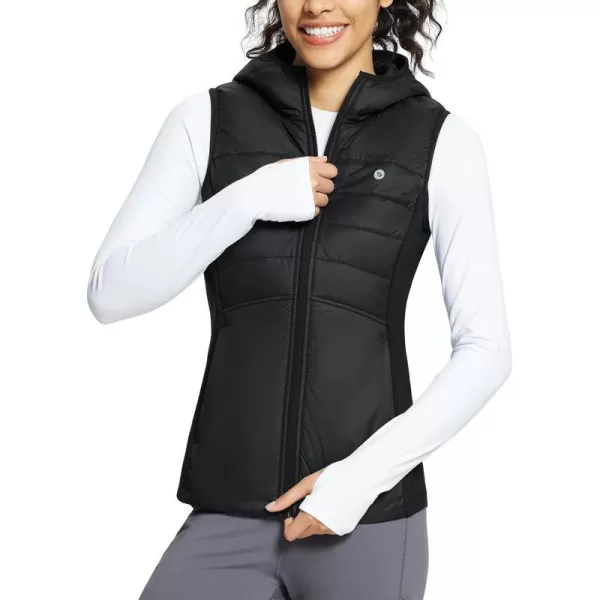 BALEAF Womens Puffer Vest Lightweight Hooded Slim Fit Running FLeece Lined Hybrid Sleeveless Warm up WinterBlack