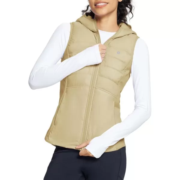 BALEAF Womens Puffer Vest Lightweight Hooded Slim Fit Running FLeece Lined Hybrid Sleeveless Warm up WinterTannin