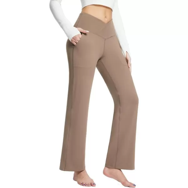 BALEAF Womens Straight Wide Leg Yoga Pants V Crossover High Waist Bootcut Workout Leggings with Pockets Open BottomCocoa Brown