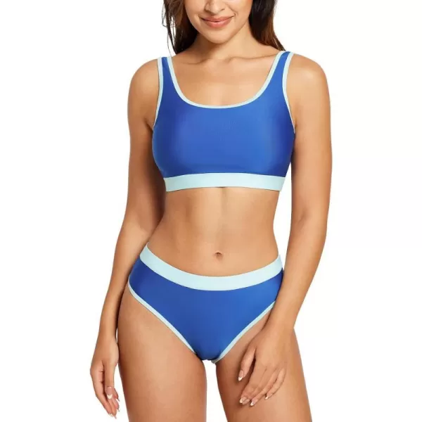 BALEAF Womens Two Piece Square Neck Bikini Crop Top High Cut Swimsuit Sporty High Waisted Bathing Suit with BottomsNavy Blue