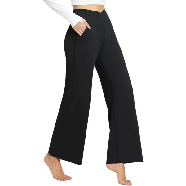 BALEAF Womens Wide Leg Yoga Pants Crossover High Waist Loose Pants with Pockets Casual Lounge Stretch Long Travel Work PantsBlack