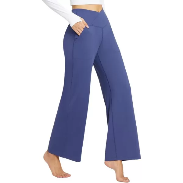 BALEAF Womens Wide Leg Yoga Pants Crossover High Waist Loose Pants with Pockets Casual Lounge Stretch Long Travel Work PantsNavy Blue