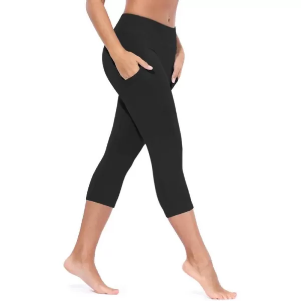 BALEAF Womens Yoga Pants Workout Capris Leggings Pockets Mid Waist Crop Athletic Running TightsBlack