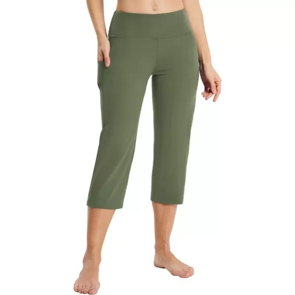 BALEAF Yoga Pants for Women Capris High Waist Leggings with Pockets Wide Leg Exercise Workout Crop Straight Open BottomArmy Green