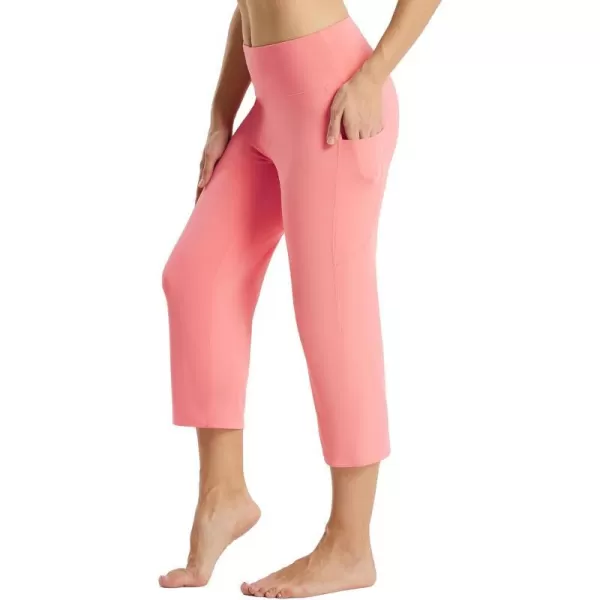 BALEAF Yoga Pants for Women Capris High Waist Leggings with Pockets Wide Leg Exercise Workout Crop Straight Open BottomHot Pink