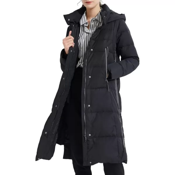 Orolay Womens Thickened Long Down Jacket Winter Down Coat Hooded Puffer Jacket with Side ZipperPirate Black