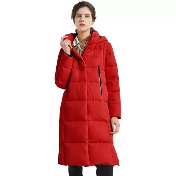 Orolay Womens Thickened Long Down Jacket Winter Down Coat Hooded Puffer Jacket with Side ZipperRed