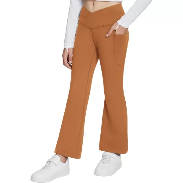 BALEAF Girls Flare Leggings Fleece Lined Thermal Kids Yoga Pants Bell Bottoms with Pockets Dance Tights Athletic WinterCaramel