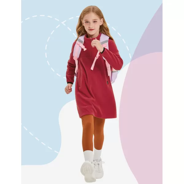 BALEAF Girls Fleece Dress Thermal Pullover Long Polar Tunic Sweatshirt Quarter Zip Winter Outfits PocketDark Red