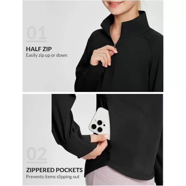 BALEAF Girls Fleece Fall Jackets Kids Long Sleeve Shirts Thermal Half Zip Sweatshirts Zipper Pockets Athletic SoccerBlack