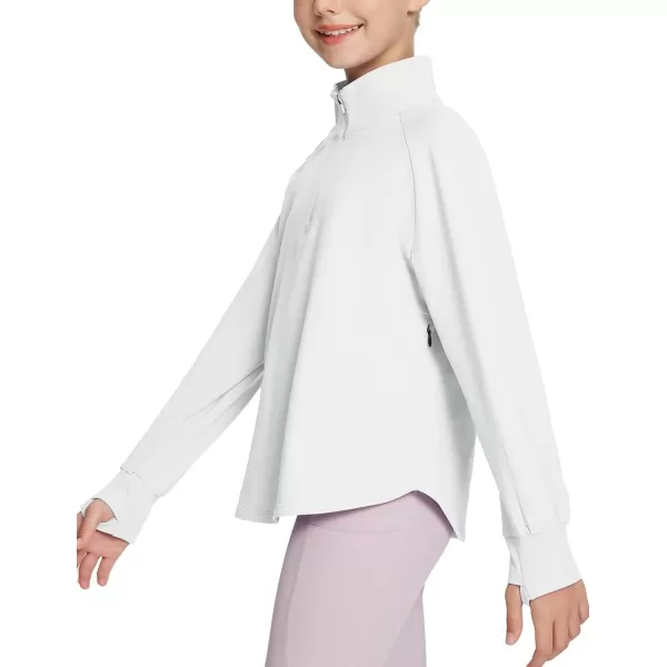 BALEAF Girls Fleece Fall Jackets Kids Long Sleeve Shirts Thermal Half Zip Sweatshirts Zipper Pockets Athletic SoccerWhite
