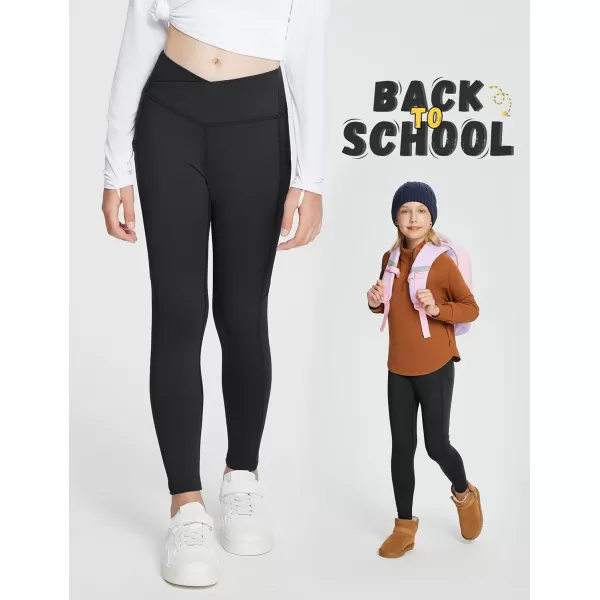 BALEAF Girls Fleece Lined Leggings Athletic Yoga Pants Thermal Dance Tights Pockets Winter RunningBlack