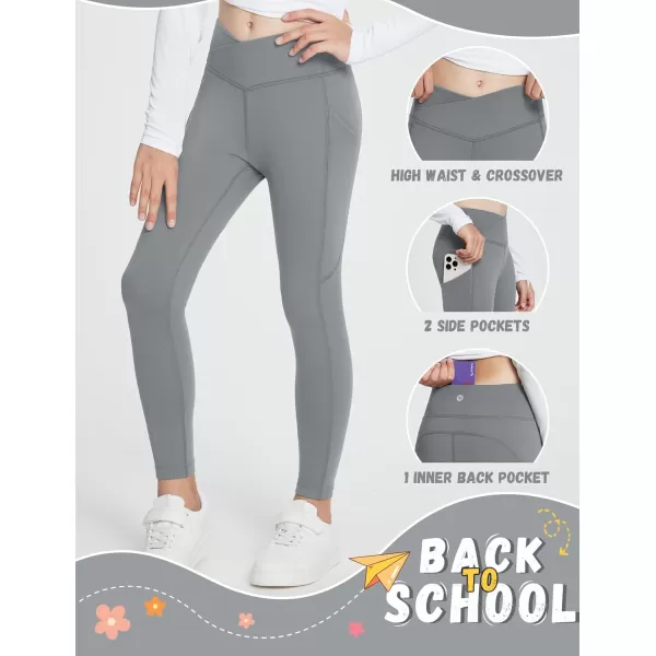 BALEAF Girls Fleece Lined Leggings Athletic Yoga Pants Thermal Dance Tights Pockets Winter RunningGrey