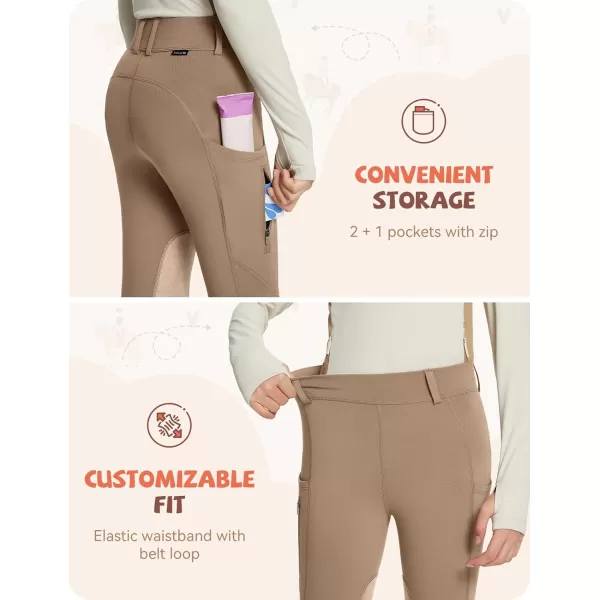 BALEAF Girls Riding Pants Kids Equestrian Breeches KneePatch Zip Pocket Horseback TightsFleece Linedbrown