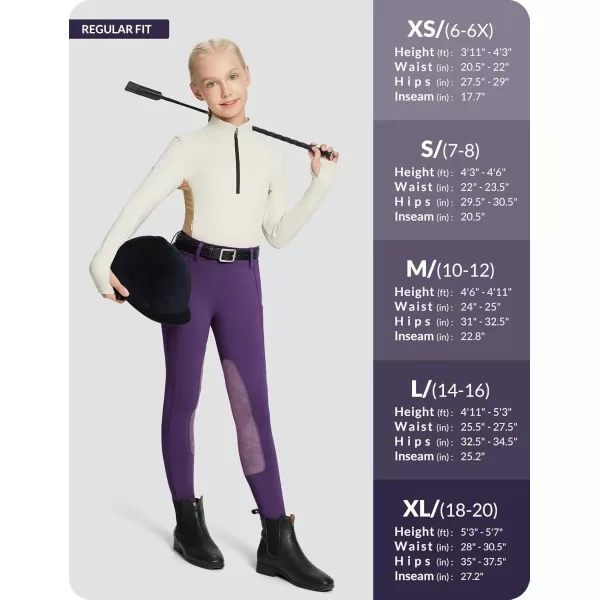 BALEAF Girls Riding Pants Kids Equestrian Breeches KneePatch Zip Pocket Horseback TightsFleece Lineddeep Purple