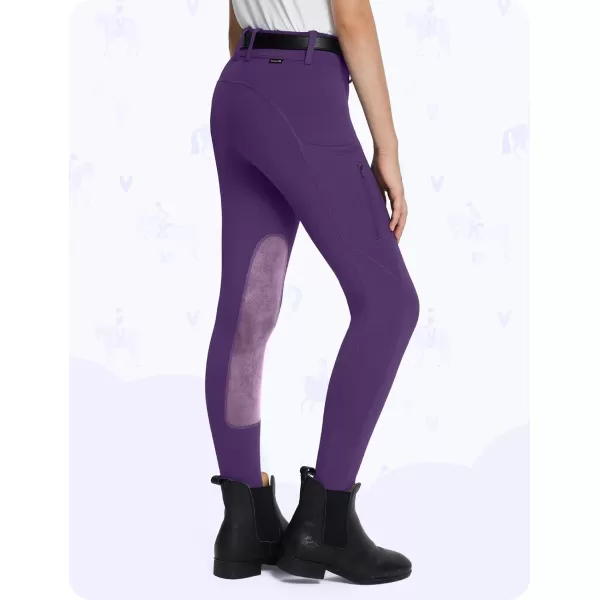 BALEAF Girls Riding Pants Kids Equestrian Breeches KneePatch Zip Pocket Horseback TightsFleece Lineddeep Purple