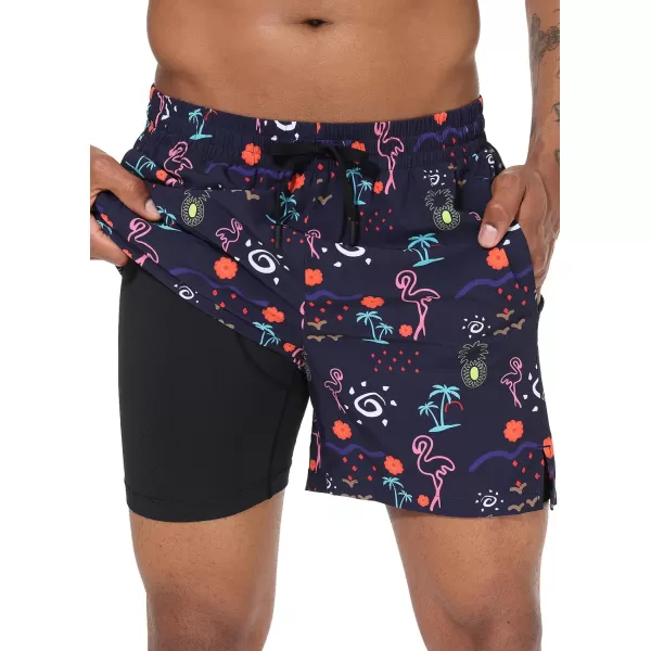 imageBALEAF Mens Swim Trunks 55 ampamp 7 ampamp 9 Inch Board Shorts with Compression Liner Quick Dry Swim Shorts with Zipper PocketsBlue Pineapple  Flamingo