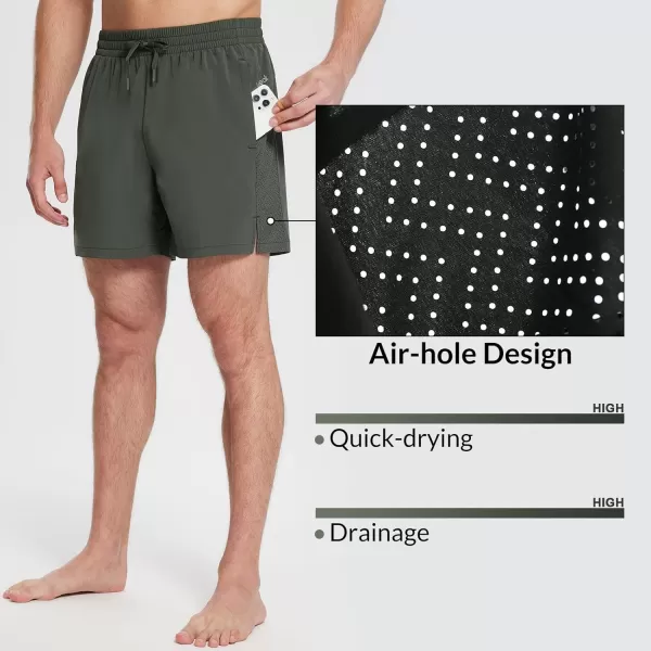 imageBALEAF Mens Swim Trunks 55 ampamp 7 ampamp 9 Inch Board Shorts with Compression Liner Quick Dry Swim Shorts with Zipper PocketsDark Green