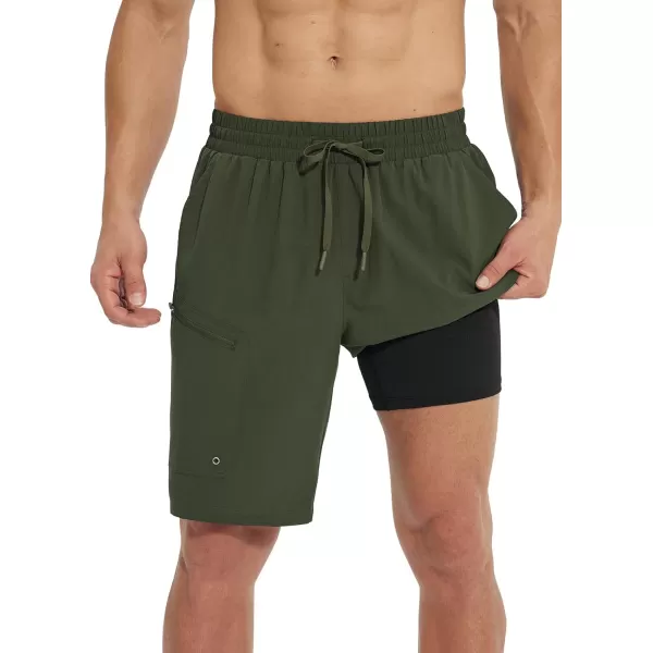 imageBALEAF Mens Swim Trunks 55 ampamp 7 ampamp 9 Inch Board Shorts with Compression Liner Quick Dry Swim Shorts with Zipper PocketsDark Green