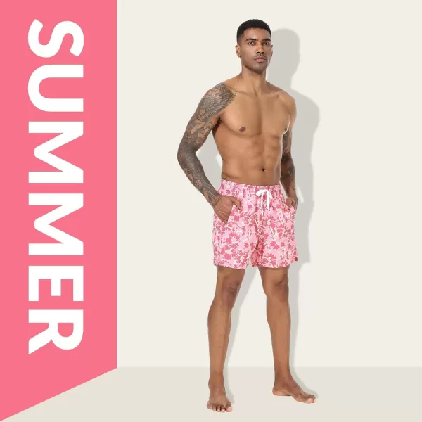 imageBALEAF Mens Swim Trunks 55 ampamp 7 ampamp 9 Inch Board Shorts with Compression Liner Quick Dry Swim Shorts with Zipper PocketsPink Red Floral