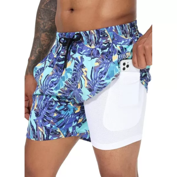 imageBALEAF Mens Swim Trunks 55 ampamp 7 ampamp 9 Inch Board Shorts with Compression Liner Quick Dry Swim Shorts with Zipper PocketsGreen Tropical Leaves