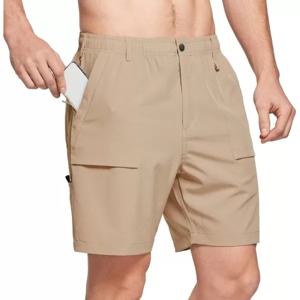 imageBALEAF Mens 7quot Casual Shorts for Summer Elastic Waist Quick Dry Lightweight Short with Cargo Hiking FishingKhaki