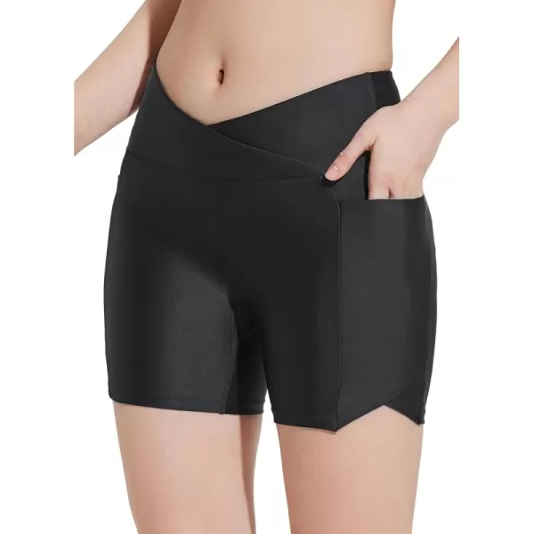 imageBALEAF Womens 5quot Swim Shorts Bottoms Cross Waist Tummy Control Quick Dry UPF50 Bathing Suit with Liner PocketsBlack