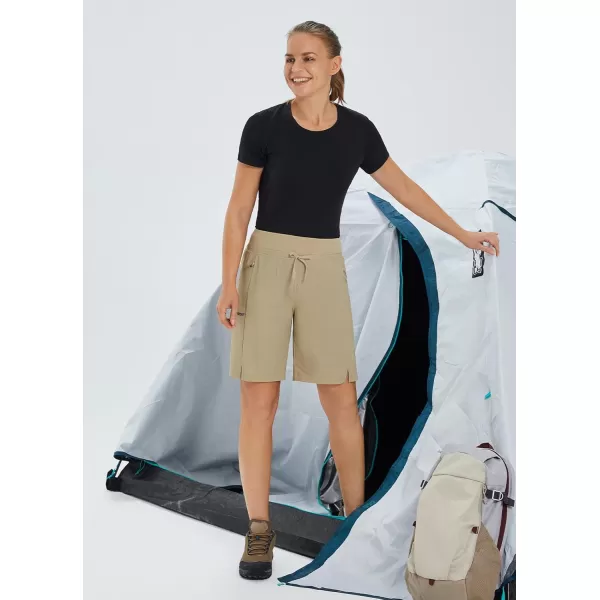 imageBALEAF Womens Hiking Long Shorts 9quot11quot Quick Dry Bermuda Cargo for curvy Lightweight Pockets11 Inch Khaki