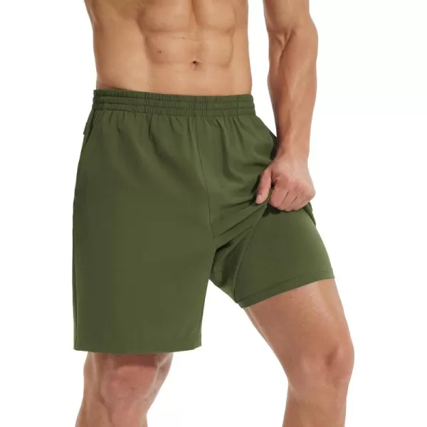 imageBALEAF Mens 2 in 1Running Shorts 5quot7quot Quick Dry Workout Athletic Gym Shorts with Zipper Pockets01army Green