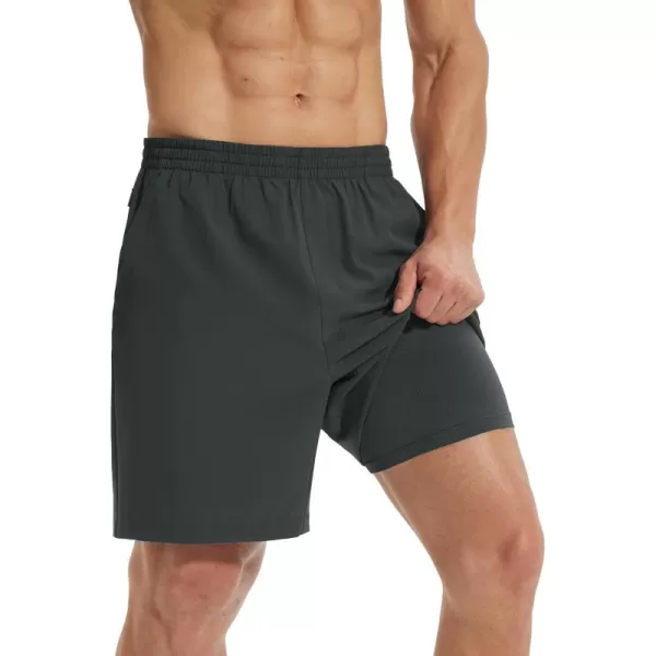 imageBALEAF Mens 2 in 1Running Shorts 5quot7quot Quick Dry Workout Athletic Gym Shorts with Zipper Pockets01grey