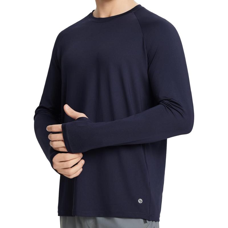 imageBALEAF Mens Long Sleeve Running Shirts Sun Protection UV UPF 50 T Shirts Workout Athletic Gym Quick Dry Zip PocketNavy