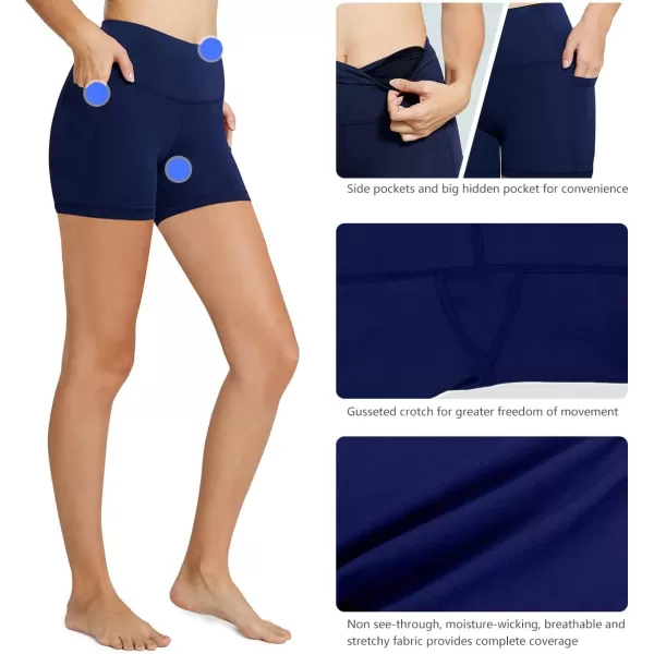 imageBALEAF Womens 8quot 5quot 3quot Biker Shorts High Waist Yoga Workout Gym Running Volleyball Spandex Shorts with PocketsBlacknavy Blue