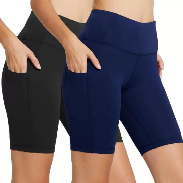 imageBALEAF Womens 8quot 5quot 3quot Biker Shorts High Waist Yoga Workout Gym Running Volleyball Spandex Shorts with PocketsBlacknavy Blue