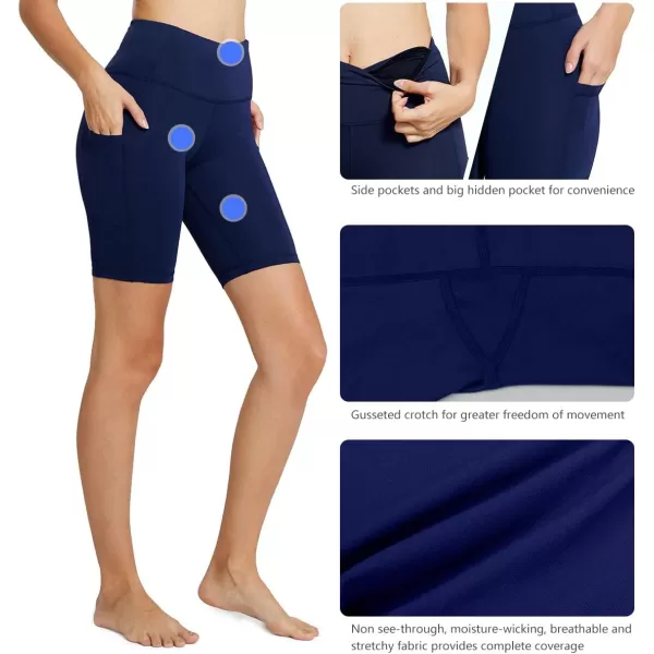 imageBALEAF Womens 8quot 5quot 3quot Biker Shorts High Waist Yoga Workout Gym Running Volleyball Spandex Shorts with PocketsBlacknavy Blue