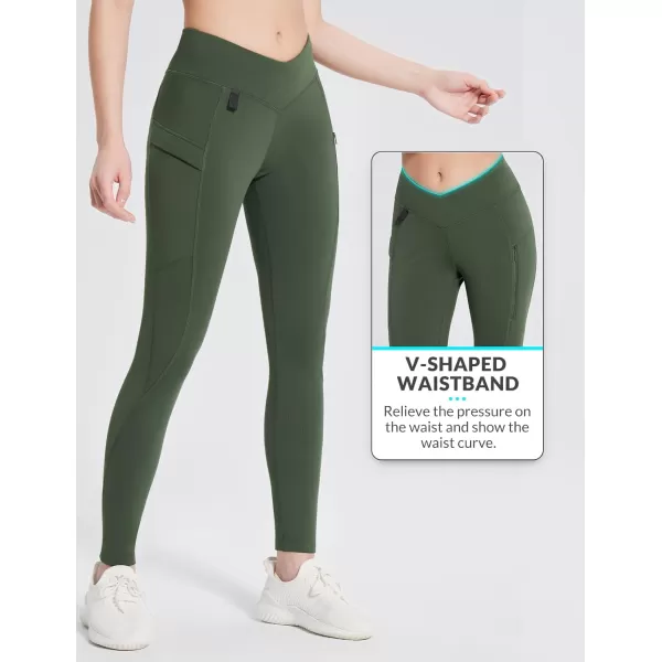 imageBALEAF Womens Fleece Lined Leggings Thermal Warm Zipper Pockets Hikng Pants Winter Cold Weather Water Resistant High WaistedDark Army Green