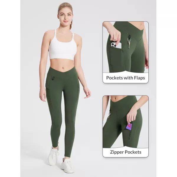 imageBALEAF Womens Fleece Lined Leggings Thermal Warm Zipper Pockets Hikng Pants Winter Cold Weather Water Resistant High WaistedDark Army Green