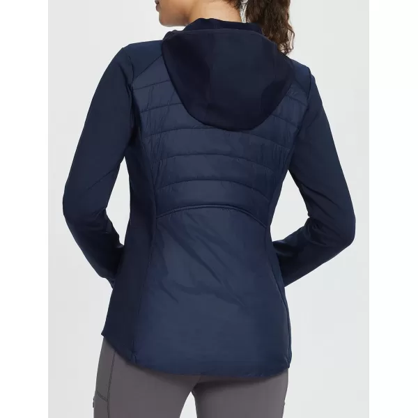 imageBALEAF Womens Running Winter Jacket with Hood Warm Lightweight Insulated Hybrid Jackets Puffer Zip Pockets Hiking SkiingNavy Blue