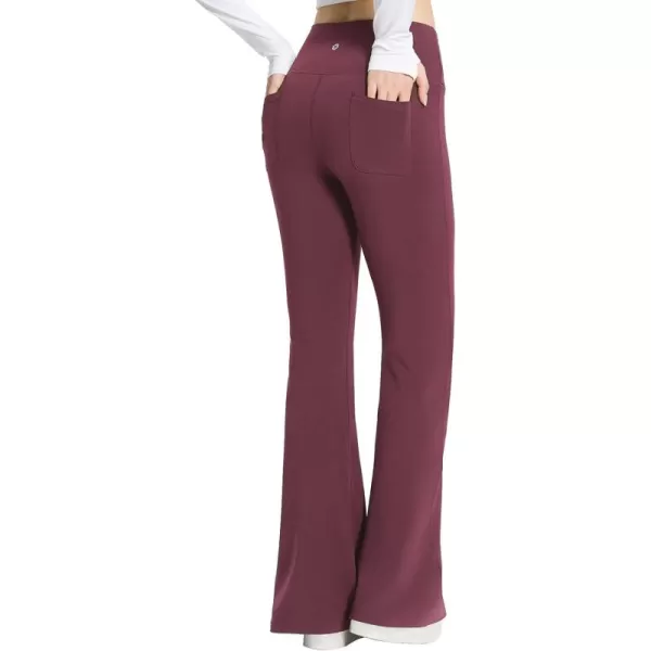 imageBALEAF Womens Cotton Yoga Dress Pants Flare Leggings with Pockets Work Office High Waist Bell Bottom Bootcut Tall 32quotBurgundy