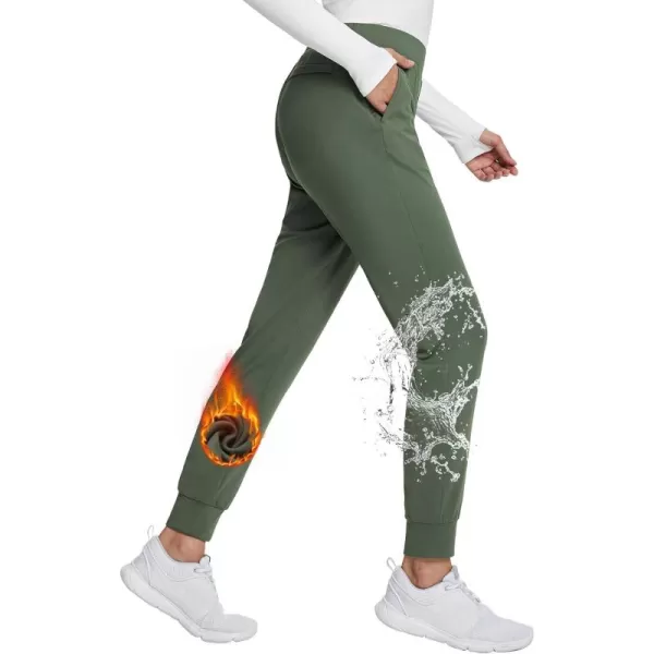 imageBALEAF Womens Fleece Lined Pants Joggers Water Resistant Zipper Pockets Winter Thermal Golf Pants Cold Weather GearAlgae Green