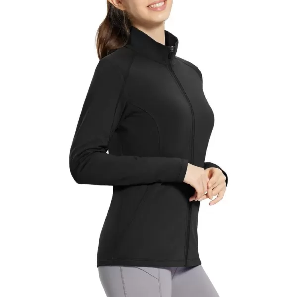 imageBALEAF Womens Fleece Lined Running Jackets Lightweight Water Resistant Stand Collar Full Zip Hiking Stretch Zip PocketsBlack