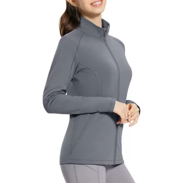 imageBALEAF Womens Fleece Lined Running Jackets Lightweight Water Resistant Stand Collar Full Zip Hiking Stretch Zip PocketsGraphite Gray