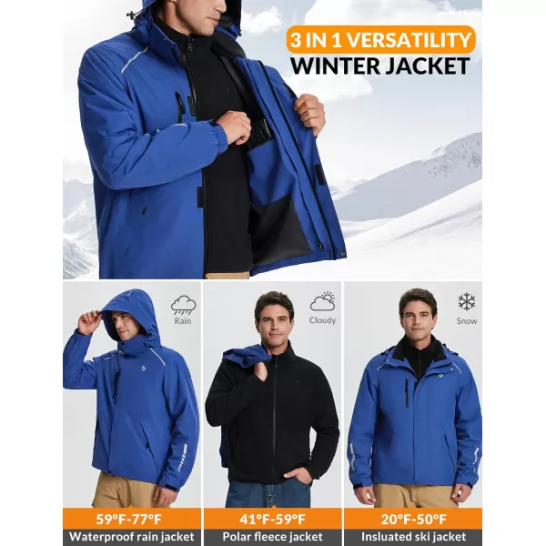 imageBALEAF Mens Rain Jacket 3 In 1 Winter Ski Waterproof Windbreaker Hooded Reflective Packable with Polar Fleece JacketBlue