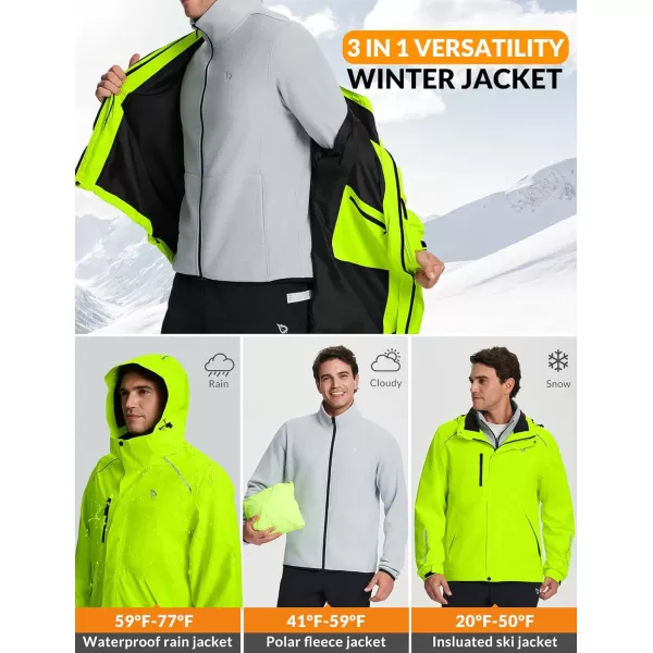 imageBALEAF Mens Rain Jacket 3 In 1 Winter Ski Waterproof Windbreaker Hooded Reflective Packable with Polar Fleece JacketGreen