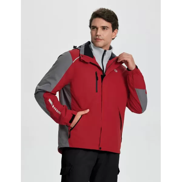 imageBALEAF Mens Rain Jacket 3 In 1 Winter Ski Waterproof Windbreaker Hooded Reflective Packable with Polar Fleece JacketRed