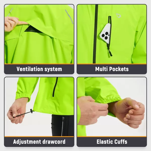 imageBALEAF Mens Rain Jacket Waterproof Running Cycling Windbreaker Golf Hiking Gear Hood Packable ReflectiveFluorescent Green